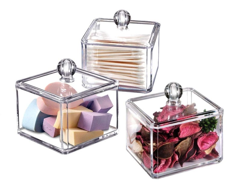 KW Collection Square Acrylic Cotton Ball Pads Gauze Swab Holder Organizer Q-tip Dispenser Storage Canister Bathroom Container Flossers Box Case (3.5 x 3.5 x 3 inches  Single Tier  Transparent) - Image 5